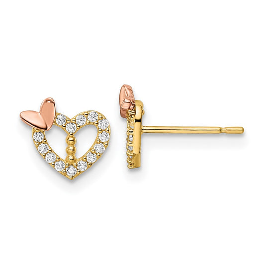 14k Two-tone CZ Heart w/Butterfly Post Earrings