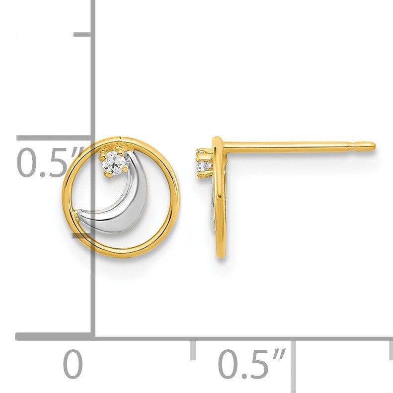 14K and White Rhodium Open Circle with CZ Half Moon Post Earrings