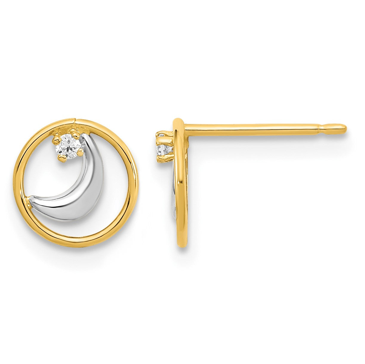 14K and White Rhodium Open Circle with CZ Half Moon Post Earrings