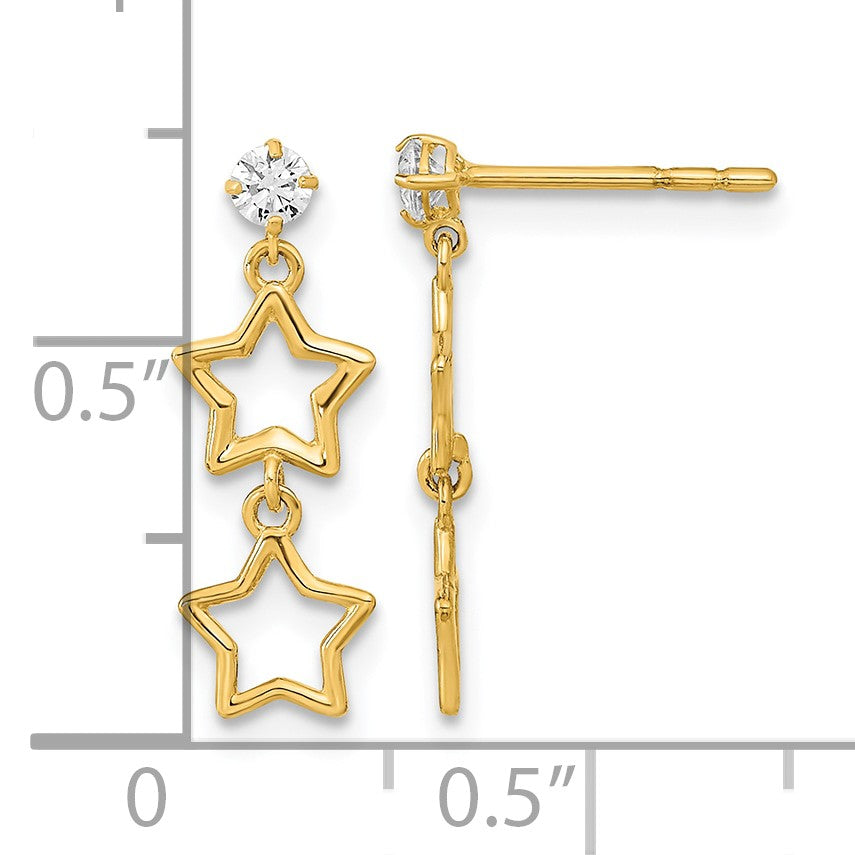 14K Polished Two Star with CZ Dangle Post Earrings