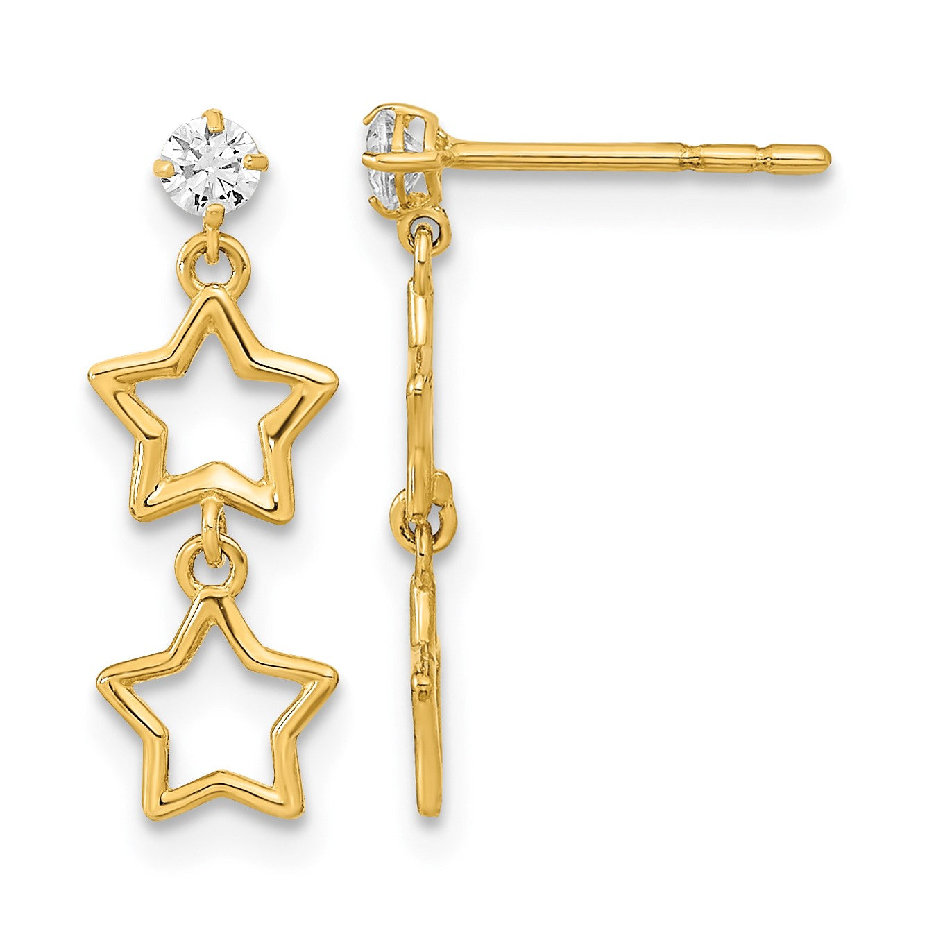 14K Polished Two Star with CZ Dangle Post Earrings