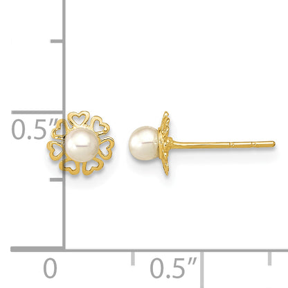 14K Polished Small Heart Petals with Freshwater Cultured Pearl Post Earrings