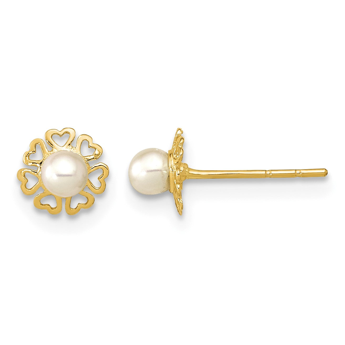 14K Polished Small Heart Petals with Freshwater Cultured Pearl Post Earrings