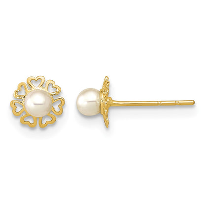 14K Polished Small Heart Petals with Freshwater Cultured Pearl Post Earrings