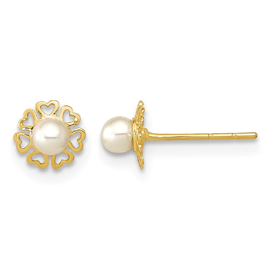 14K Polished Small Heart Petals with Freshwater Cultured Pearl Post Earrings