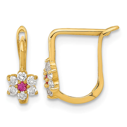 14K Polished Red and White CZ Flower Hoop Earrings