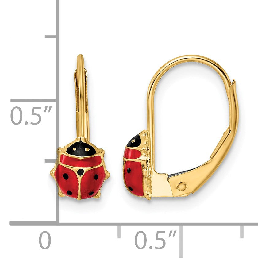 14k Polished Red and Black Enameled Ladybug Leverback Earrings