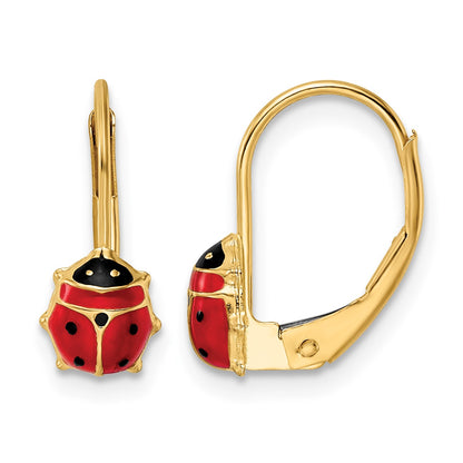 14k Polished Red and Black Enameled Ladybug Leverback Earrings