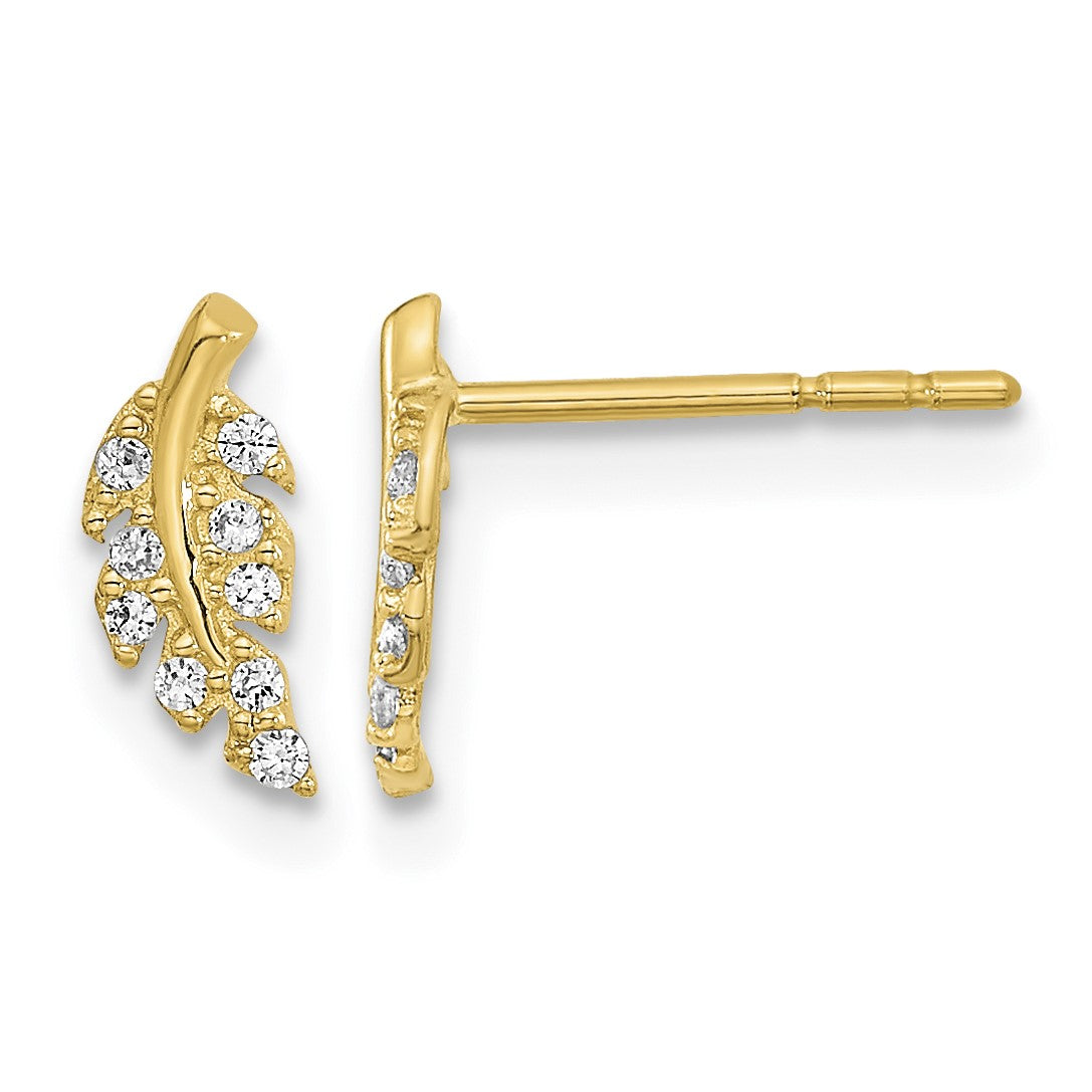 14K Polished Leaf CZ Post Earrings
