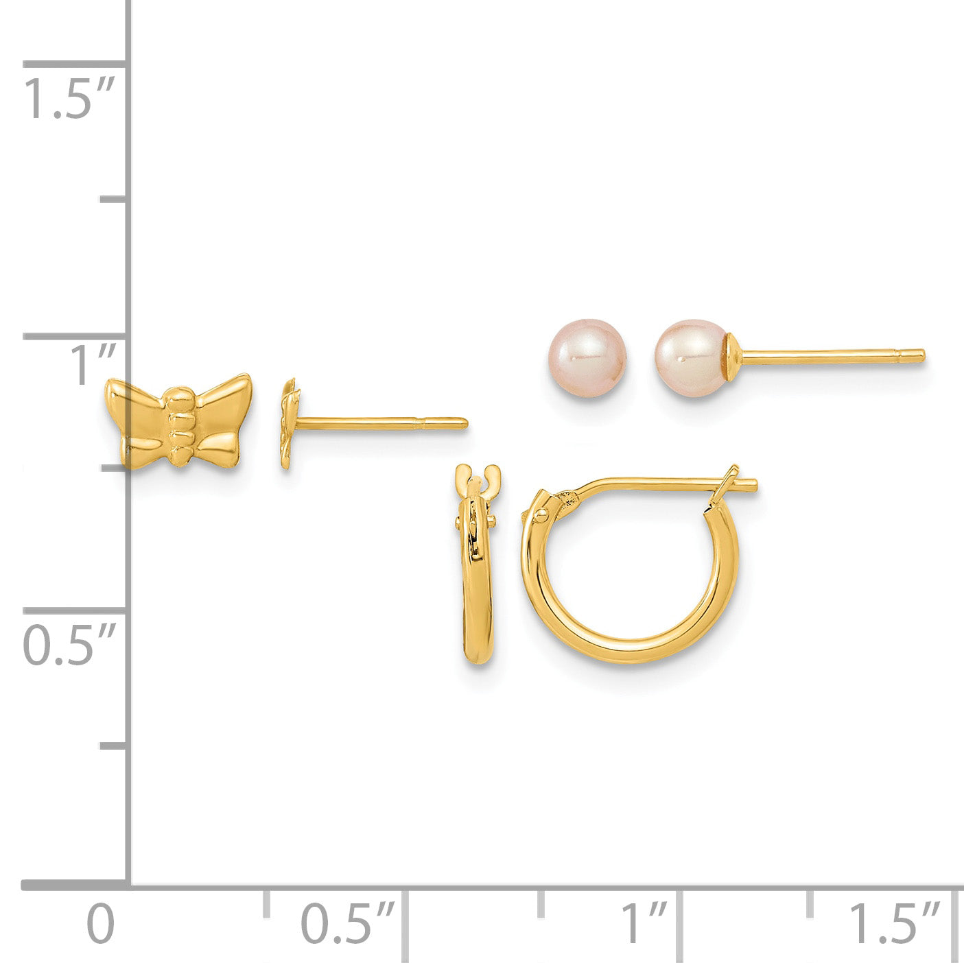 14K Butterfly/3-4mm Freshwater Cultured Pearl/Mini Hoop 3-Pair Earring Set