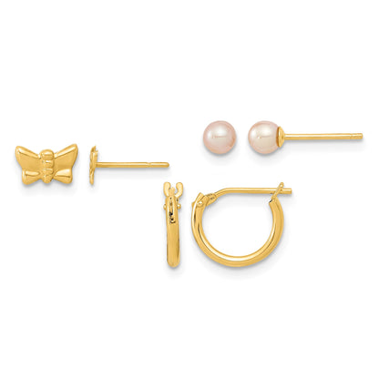 14K Butterfly/3-4mm Freshwater Cultured Pearl/Mini Hoop 3-Pair Earring Set