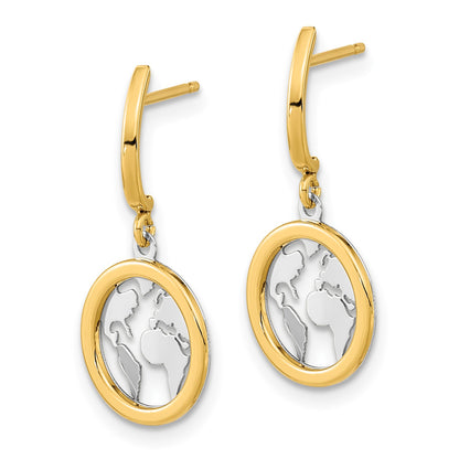 14K and White Rhodium Polished Earth Dangle Post Earrings