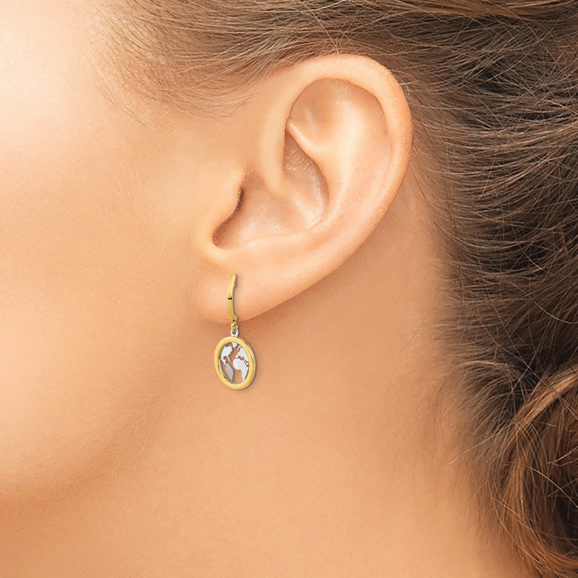 14K and White Rhodium Polished Earth Dangle Post Earrings