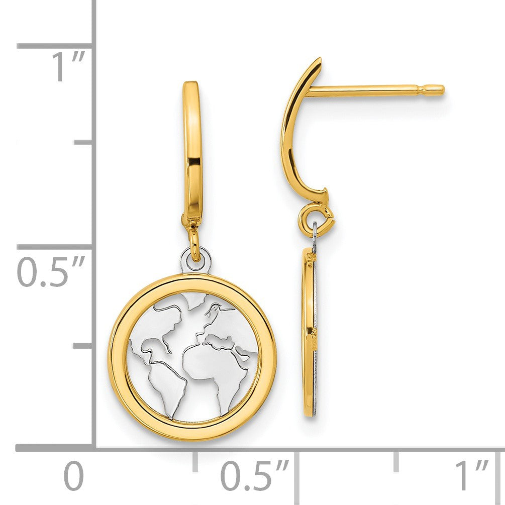 14K and White Rhodium Polished Earth Dangle Post Earrings