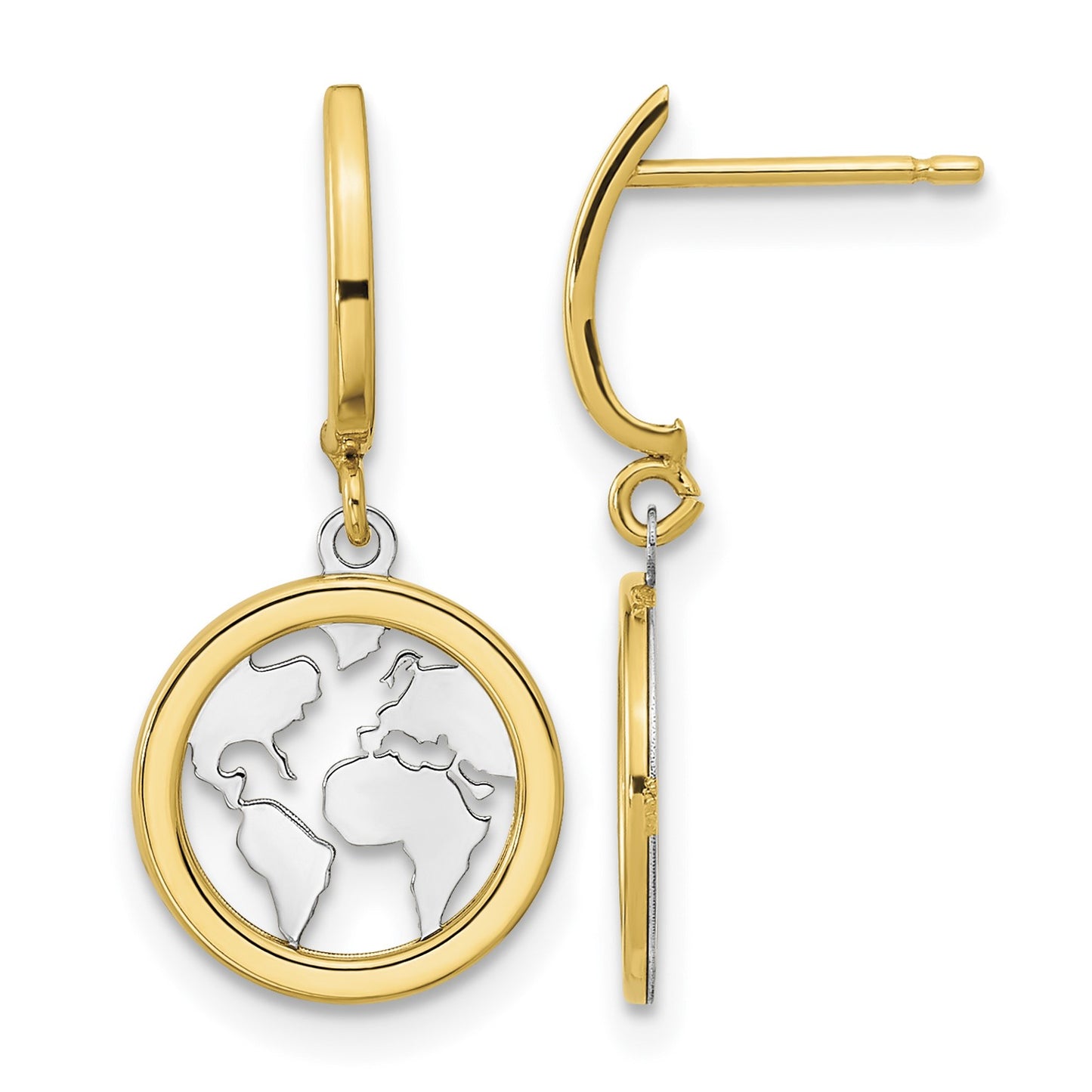14K and White Rhodium Polished Earth Dangle Post Earrings