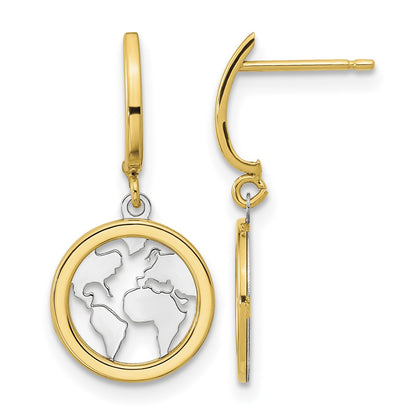 14K and White Rhodium Polished Earth Dangle Post Earrings