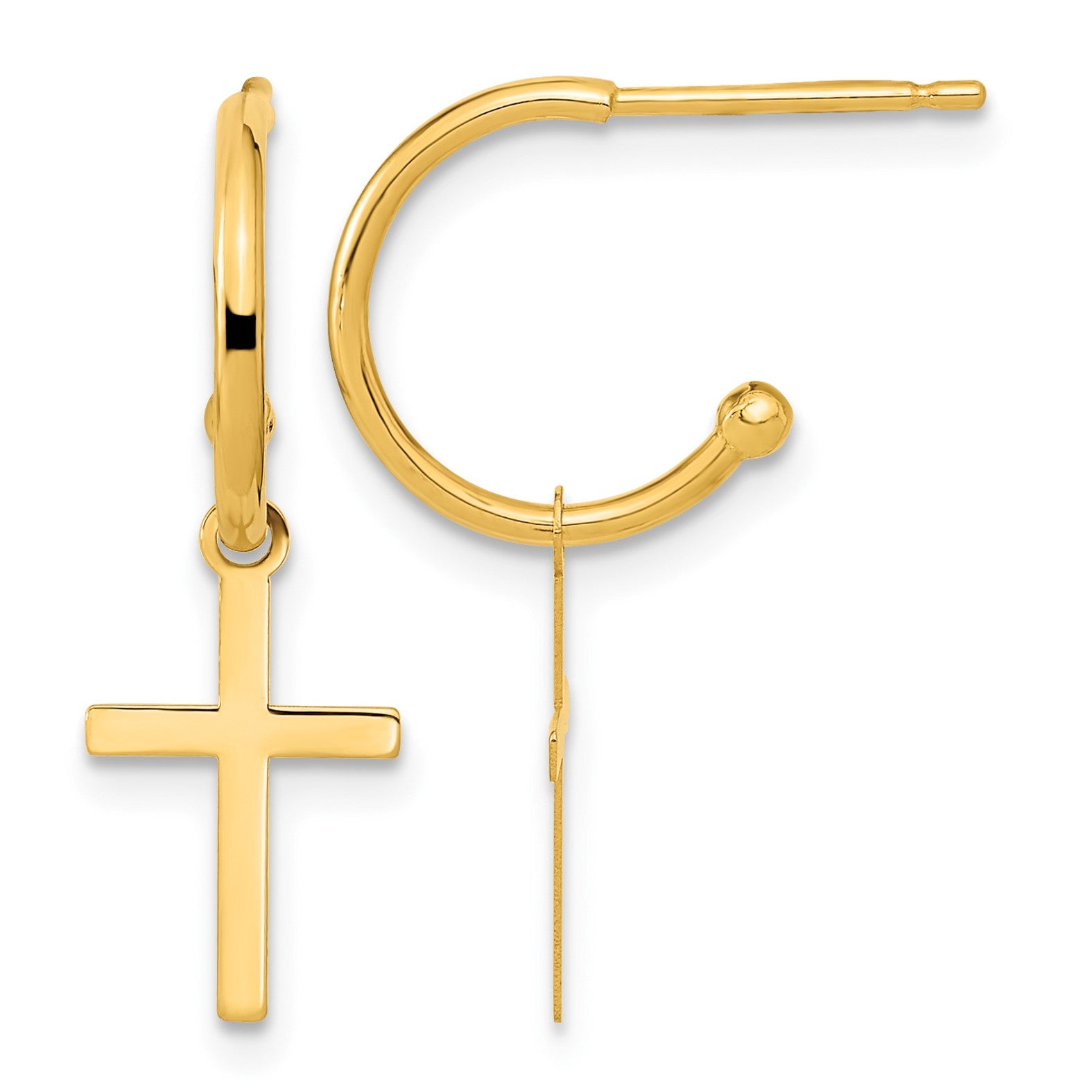 14K Polished Cross Dangle C-Hoop Earrings
