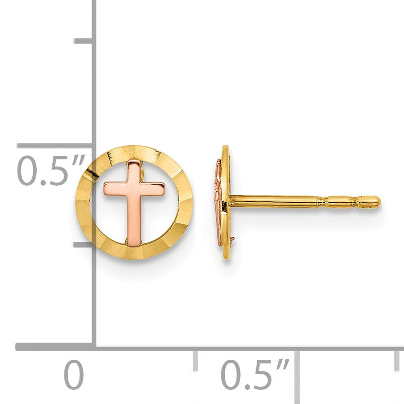 14K Two-tone Circle with Cross Post Earrings