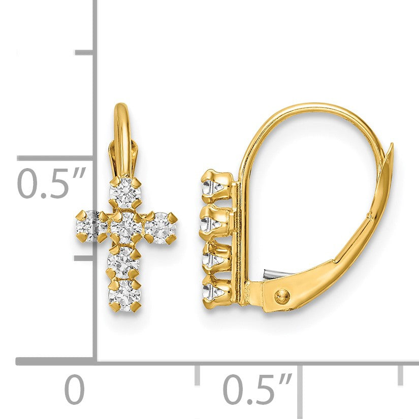 14k CZ Polished Leverback Cross Earrings