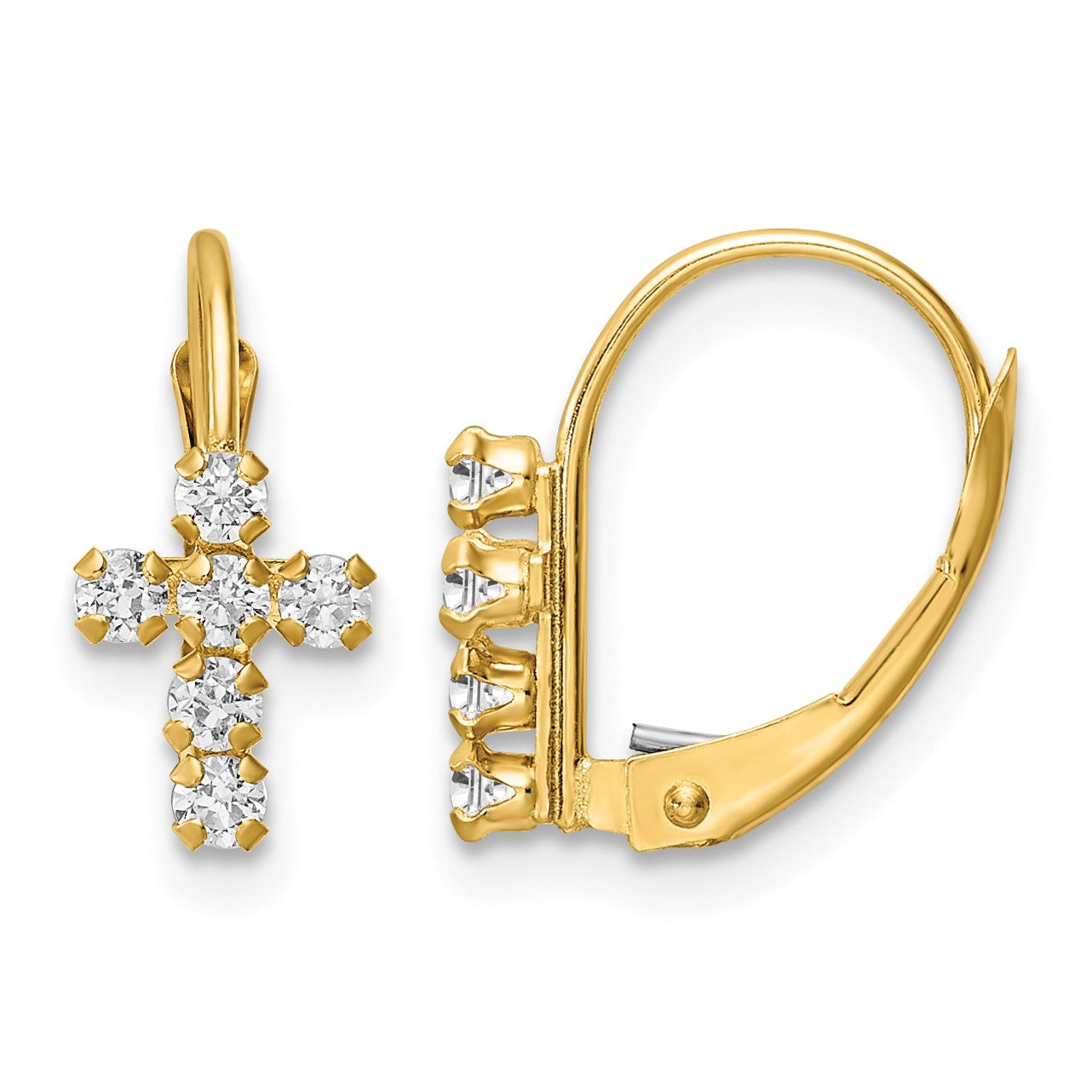 14k CZ Polished Leverback Cross Earrings