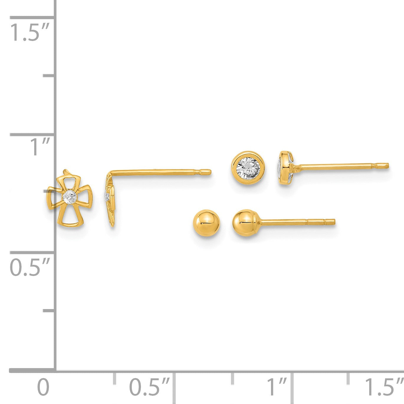 14K Polished 3mm Ball/Cross/4mm CZ Bezel 3-Pair Post Earrings Set