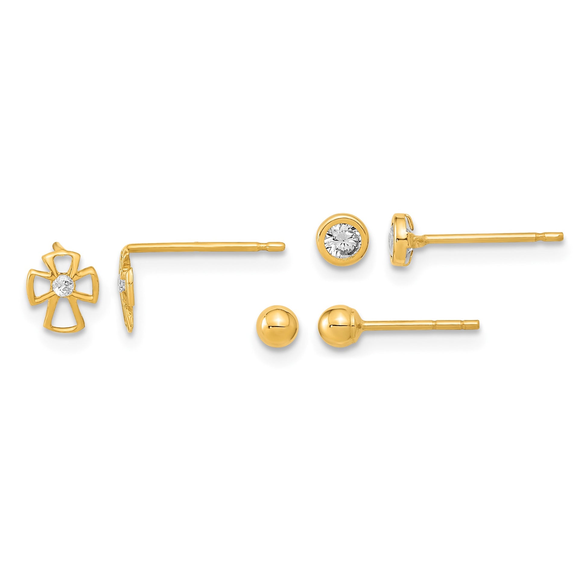 14K Polished 3mm Ball/Cross/4mm CZ Bezel 3-Pair Post Earrings Set