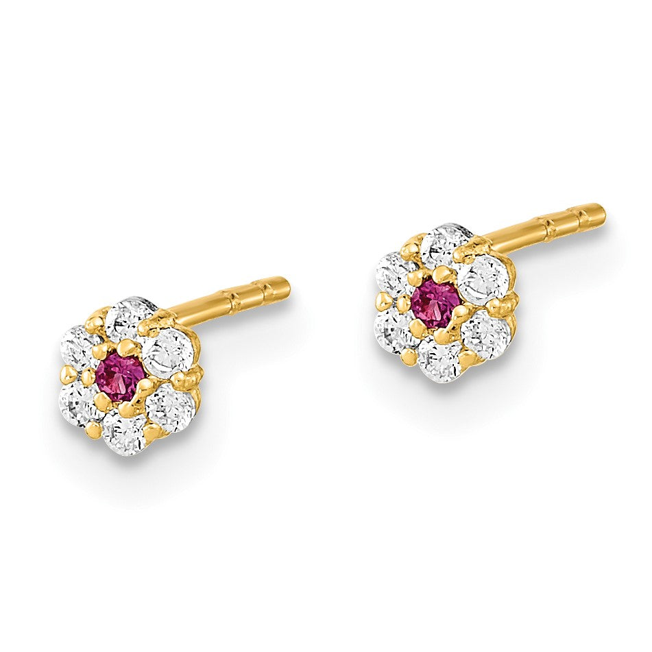 14K Polished 3mm Ball/Red and White CZ Flowers/Cross 3-Pair Post Earrings Set