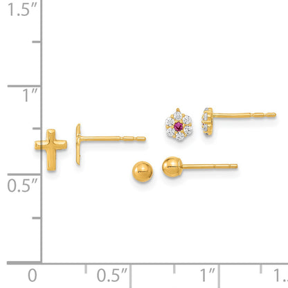 14K Polished 3mm Ball/Red and White CZ Flowers/Cross 3-Pair Post Earrings Set