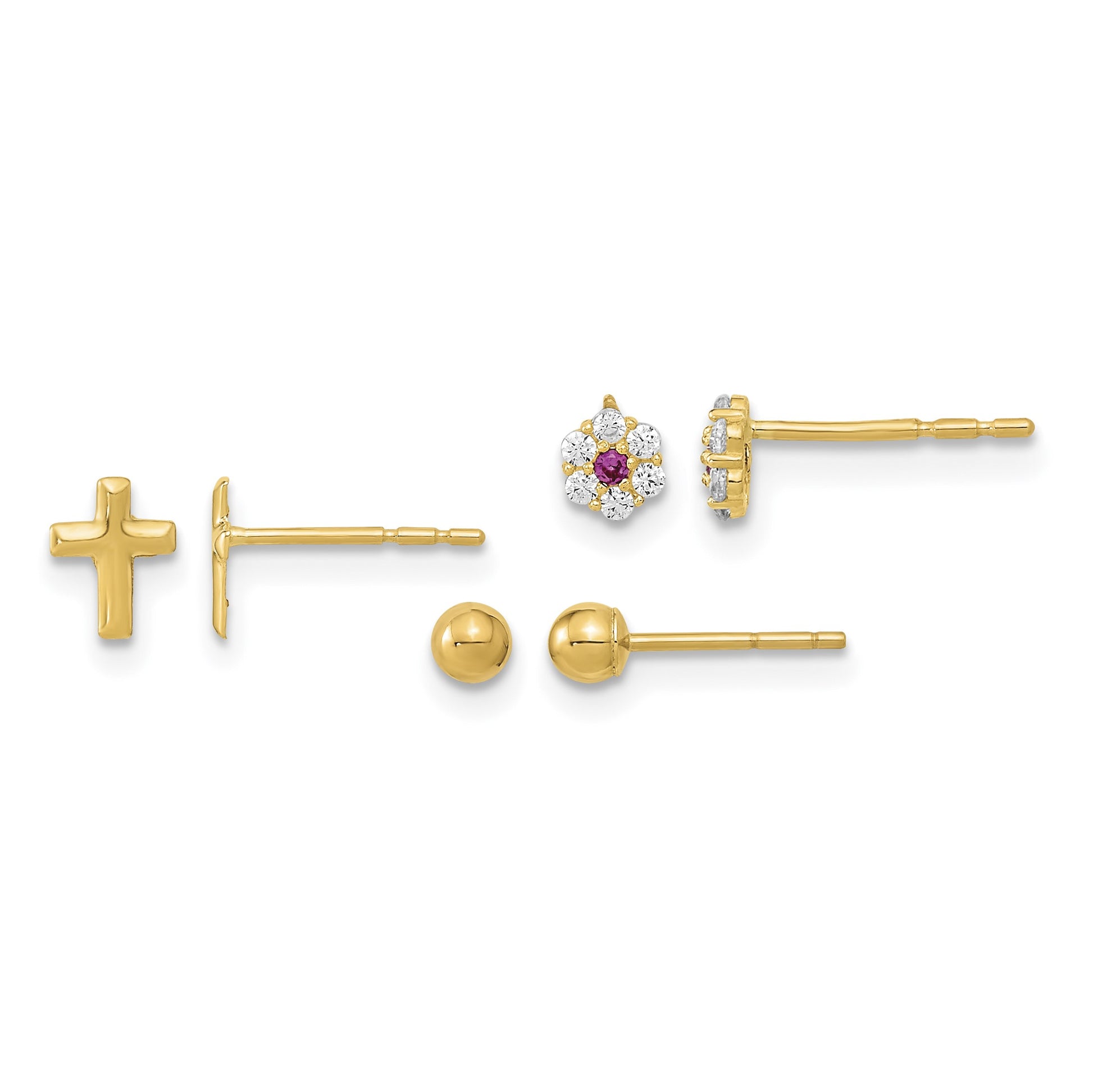 14K Polished 3mm Ball/Red and White CZ Flowers/Cross 3-Pair Post Earrings Set