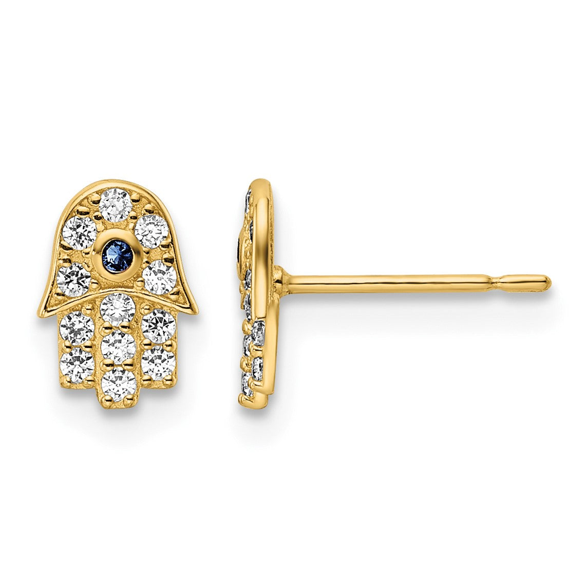 14k Small CZ and Blue Glass Stone Hamsa Post Earrings