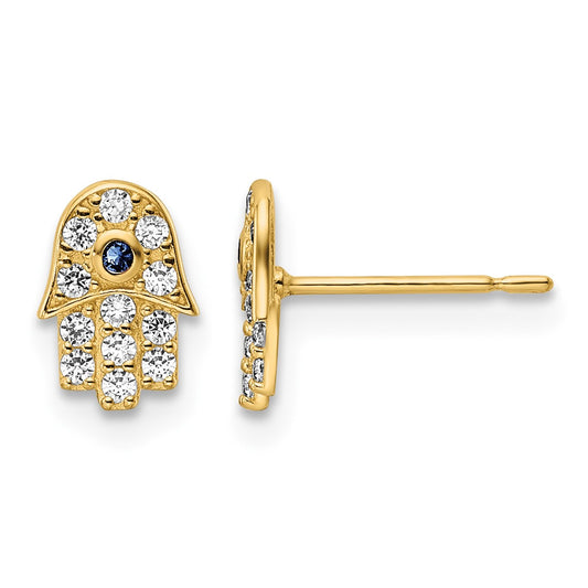 14k Small CZ and Blue Glass Stone Hamsa Post Earrings