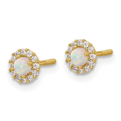 14K Polished CZ and Lab Created Opal Halo Screwback Post Earrings