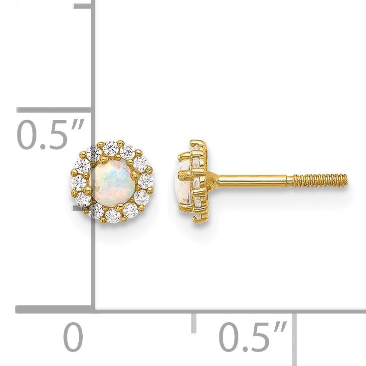 14K Polished CZ and Lab Created Opal Halo Screwback Post Earrings