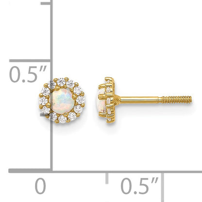 14K Polished CZ and Lab Created Opal Halo Screwback Post Earrings