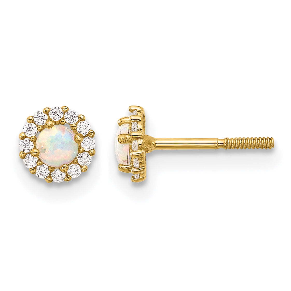 14K Polished CZ and Lab Created Opal Halo Screwback Post Earrings