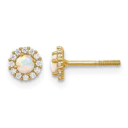 14K Polished CZ and Lab Created Opal Halo Screwback Post Earrings