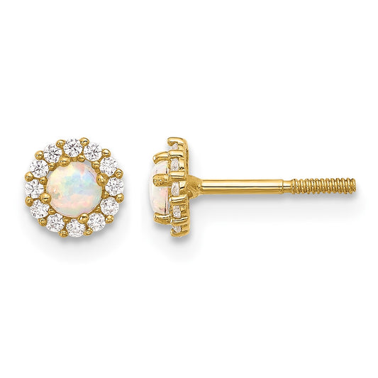 14K Polished CZ and Lab Created Opal Halo Screwback Post Earrings