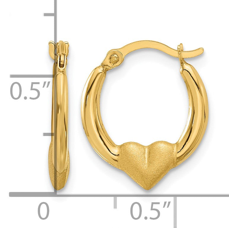 14K Polished and Satin Heart Hoop Earrings