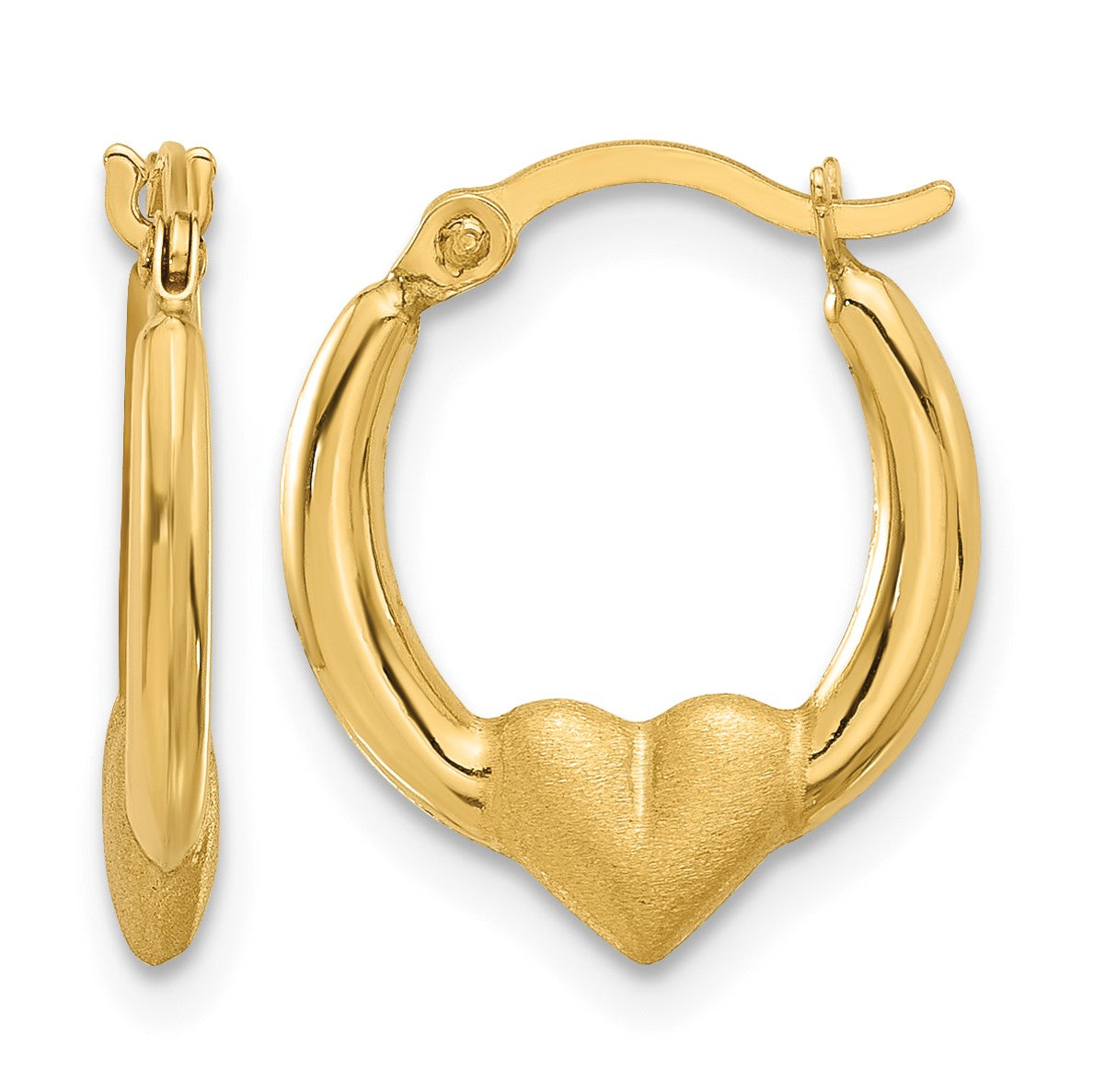 14K Polished and Satin Heart Hoop Earrings
