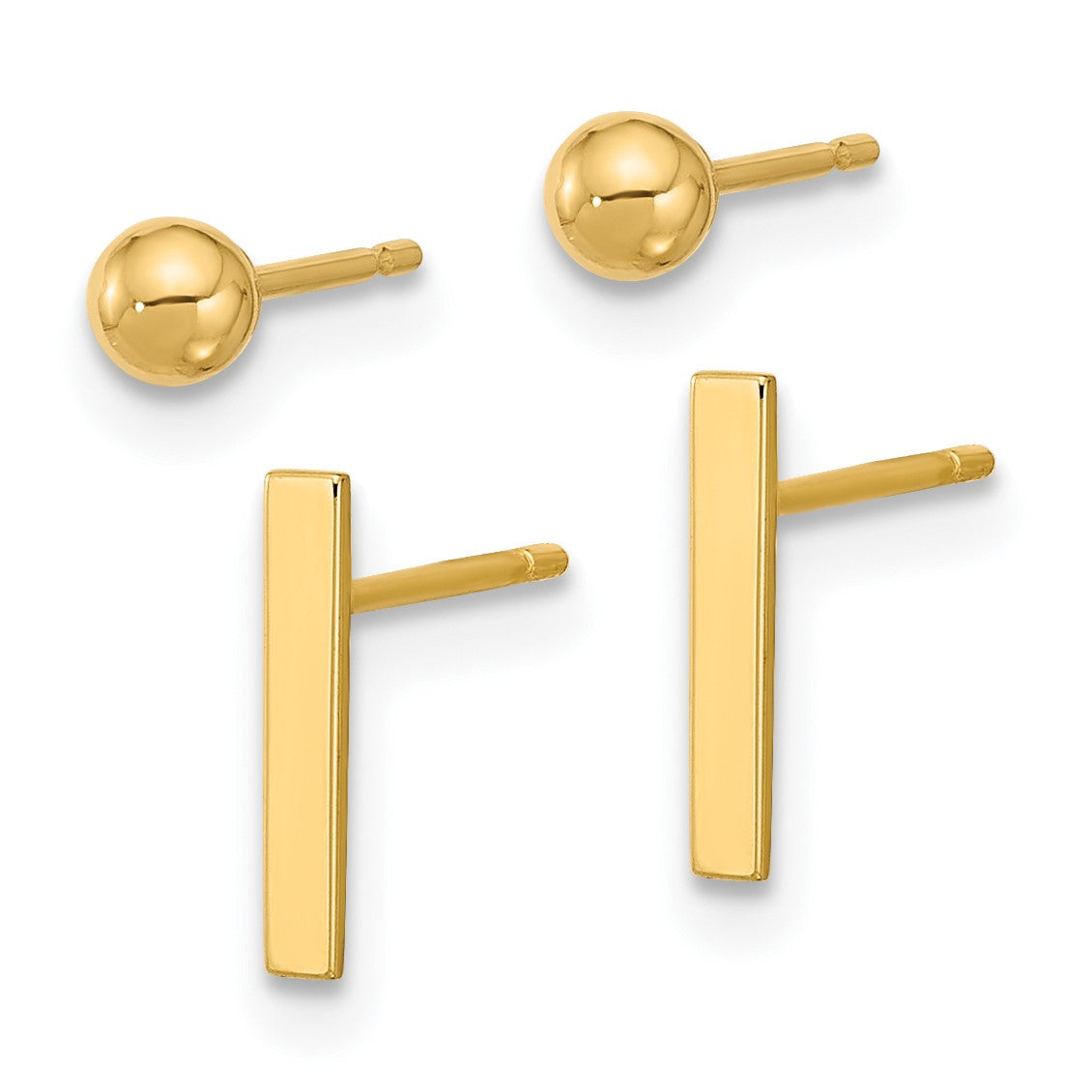 14K Set of Two Pair Polished 3mm Ball and Bar Post Earrings