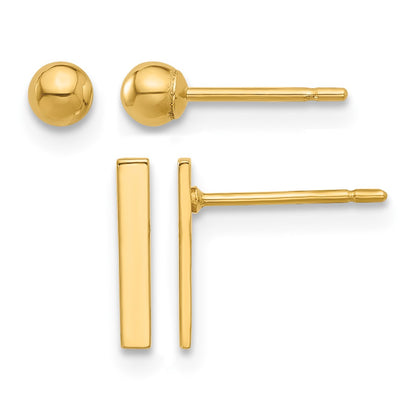 14K Set of Two Pair Polished 3mm Ball and Bar Post Earrings
