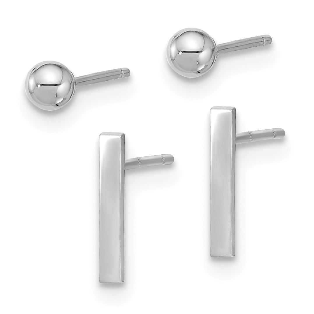 14K White Gold Set of Two Pair Polished 3mm Ball and Bar Post Earrings