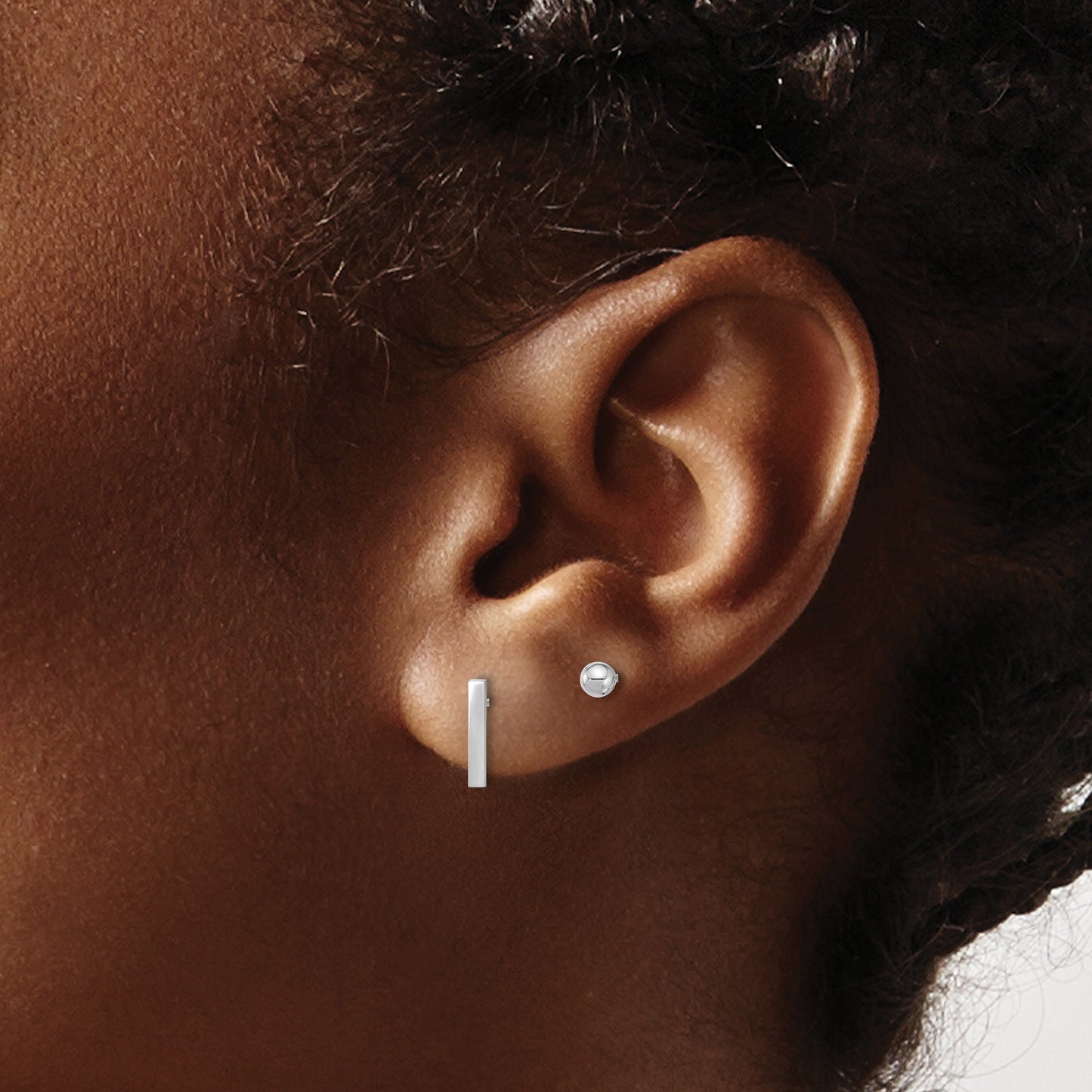 14K White Gold Set of Two Pair Polished 3mm Ball and Bar Post Earrings
