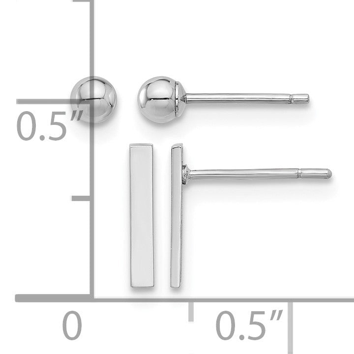 14K White Gold Set of Two Pair Polished 3mm Ball and Bar Post Earrings
