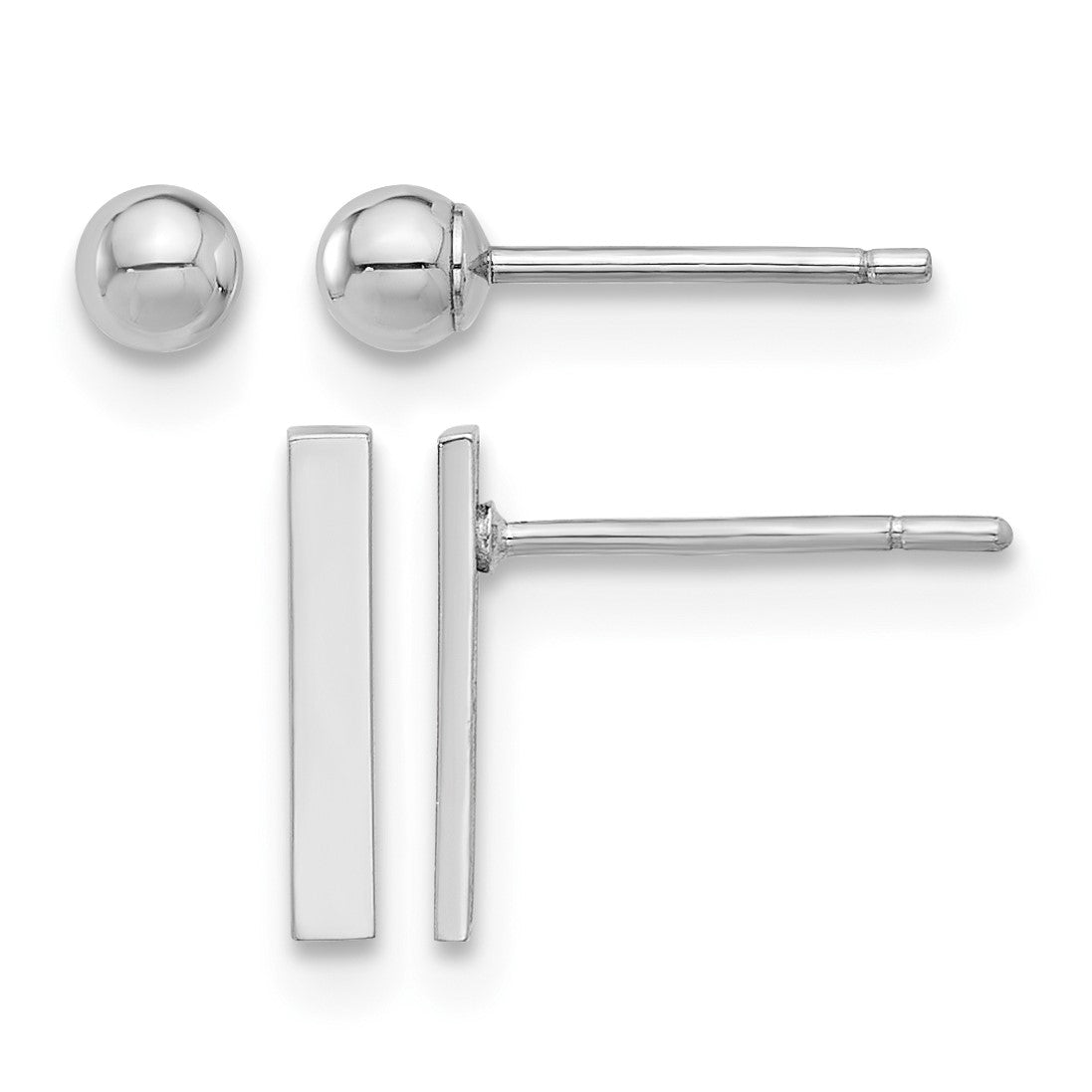 14K White Gold Set of Two Pair Polished 3mm Ball and Bar Post Earrings