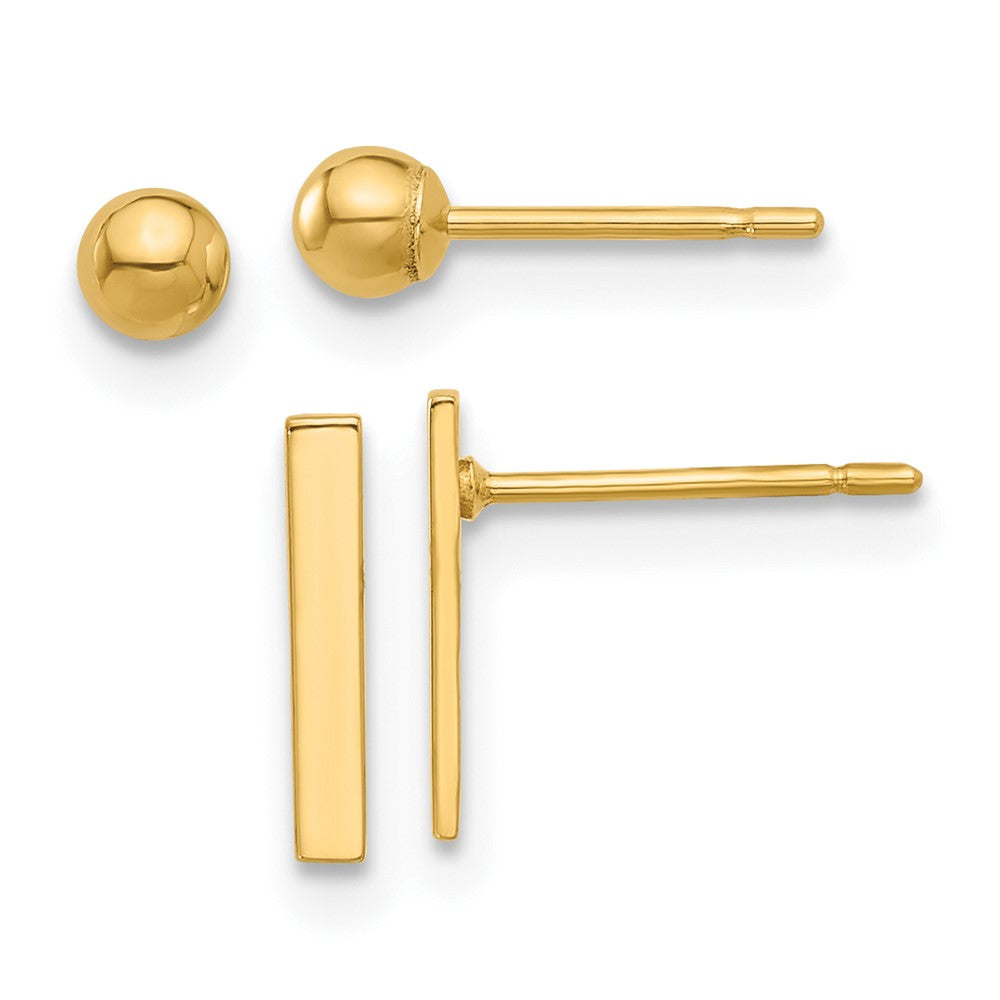 14K Polished 3mm Ball and Bar Earring Set