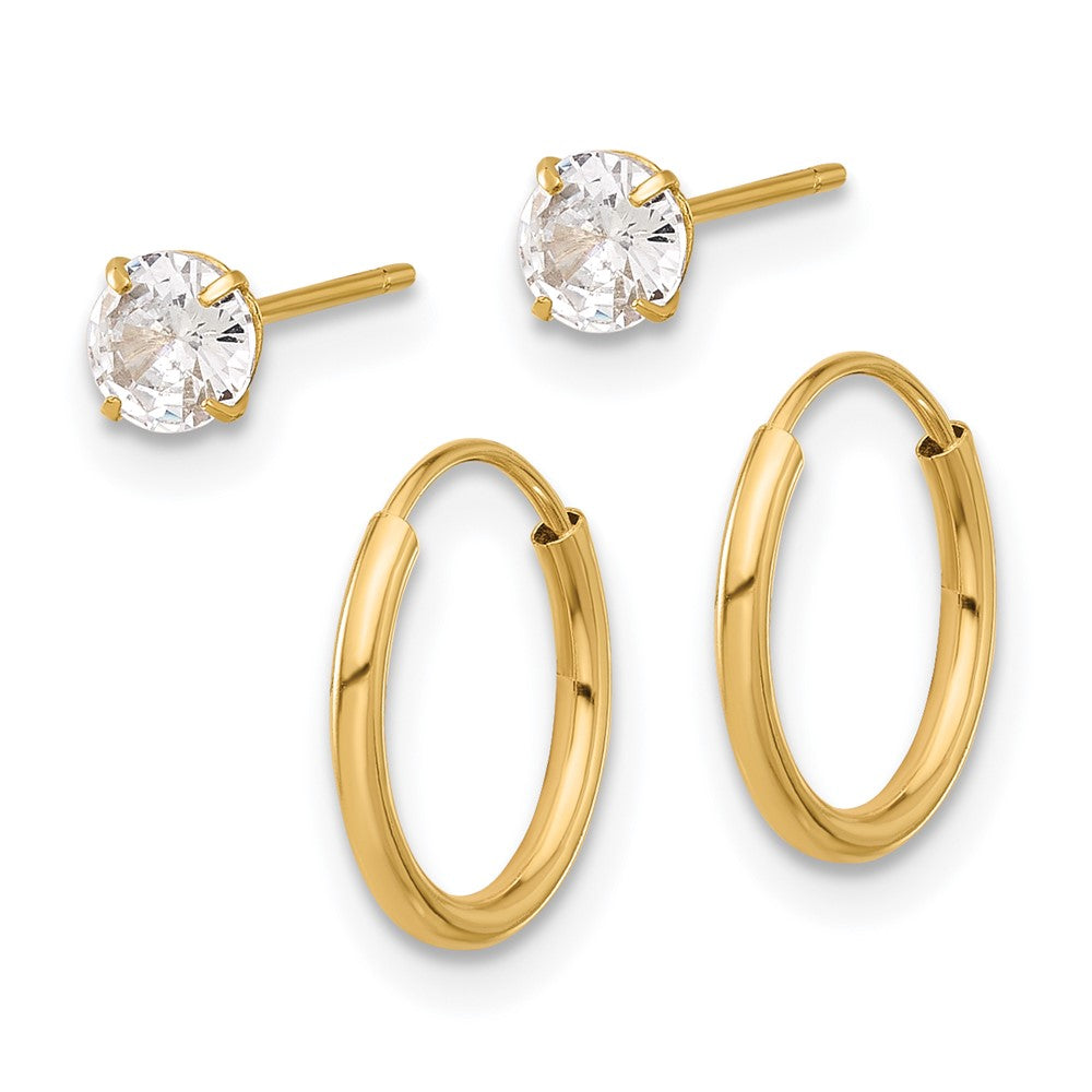 14K Polished CZ Studs and Small Endless Hoop Earring Set