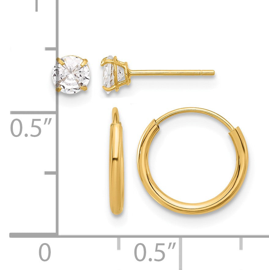14K Set of Two Pair 4mm CZ Studs and 1.00x12mm Endless Hoop Earrings