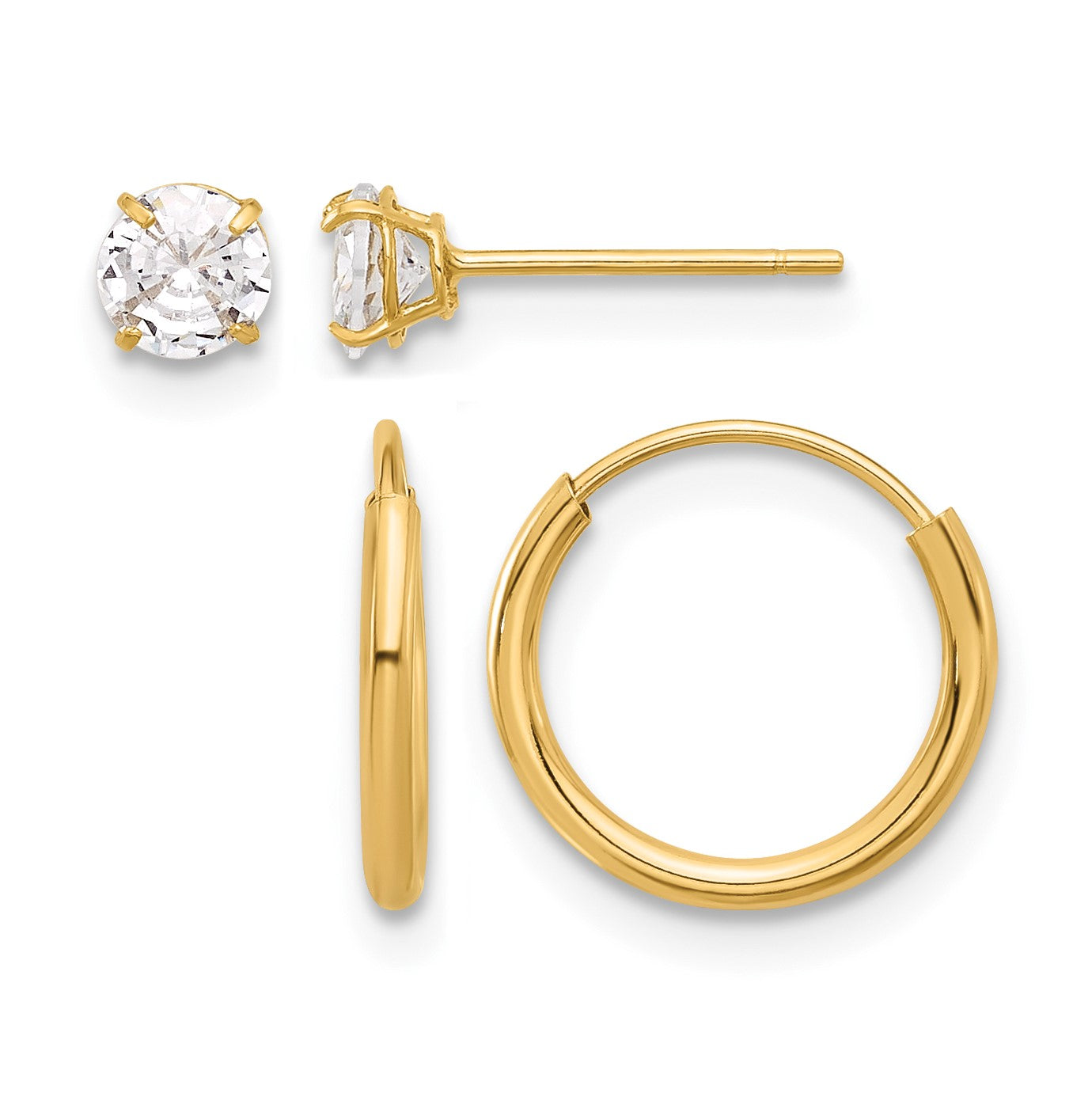 14K Set of Two Pair 4mm CZ Studs and 1.00x12mm Endless Hoop Earrings