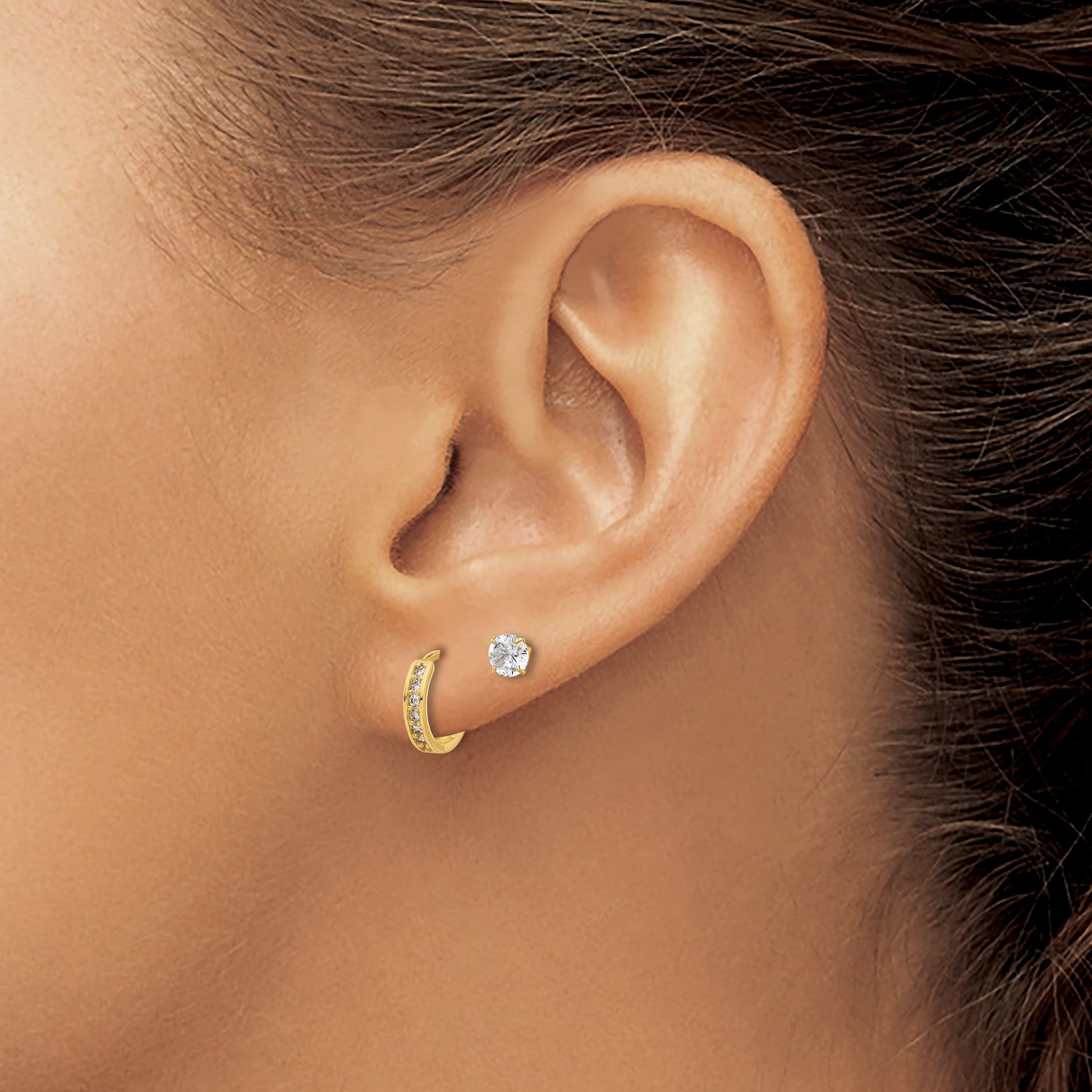 14K Set of Two Pair 4mm CZ Post and 1.00x10mm Hinged Hoop Earrings